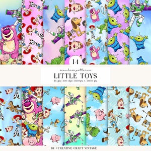 Peut inclure: Une collection de 14 motifs numériques sans couture représentant des personnages illustrés de la franchise Toy Story, dont Buzz l'Éclair, Woody, Jessie, Lotso, Zigzag, Rex, Bayonne et Monsieur Patate, sur des fonds bleus et roses variés.