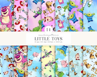 May include: A collection of 14 seamless digital patterns featuring illustrated characters from the Toy Story franchise, including Buzz Lightyear, Woody, Jessie, Lotso, Slinky Dog, Rex, Hamm, and Mr. Potato Head, set against various blue and pink backgrounds.