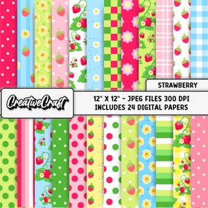 24 Strawberry Fruit Digital Papers 300 DPI Maximum Quality, strawberry fruit scrapbooking, strawberry fruit paper designs, instant download