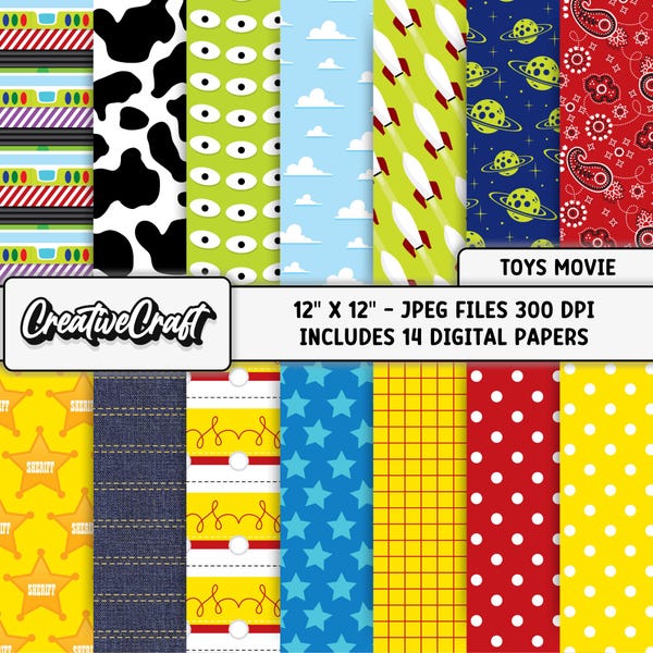 14 papéis digitais Toy Story 300 DPI de qualidade máxima, scrapbooking Toy Story, designs de papel Toy Story para impressão, download instantâneo