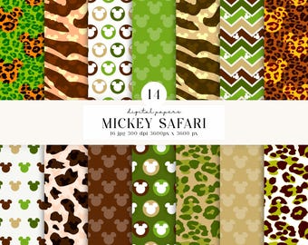 14 Mickey Safari Digital Papers 300 DPI Maximum Quality, mickey scrapbooking, mickey safari printables papers designs, instant download
