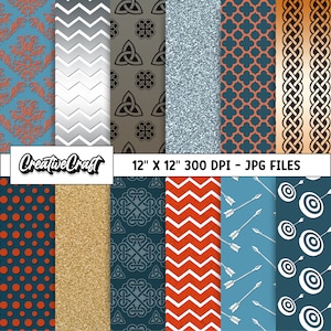 以下が含まれることがあります： JPG形式のデジタルペーパーデザイン12点。それぞれ30.48cm×30.48cm、300DPIです。デザインには、水玉模様、シェブロンストライプ、ケルトの結び目、グリッターテクスチャなど、さまざまなパターンが含まれています。画像の下部に「CreativeCraft」というテキストが表示されています。
