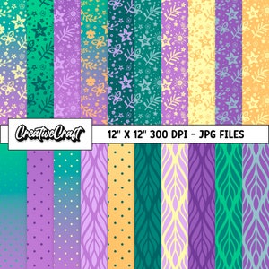 May include: A set of 12 digital paper designs featuring various patterns in shades of purple, green, and yellow. The patterns include flowers, leaves, stars, and polka dots. The text "12" x "12" 300 DPI - JPG FILES" is visible at the top of the image.