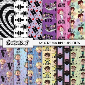 12 Papeles Digitales BTS kpop 300 DPI Máxima Calidad, scrapbooking bts kpop, diseños papeles imprimibles bts kpop, descarga instantánea