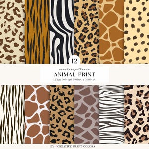 Puede incluir: Una colección de 12 patrones animales sin costuras que incluyen manchas de leopardo, rayas de tigre, rayas de cebra y manchas de jirafa en varios tonos de marrón, negro, blanco y beige. El texto dice 12 seamless patterns ANIMAL PRINT.