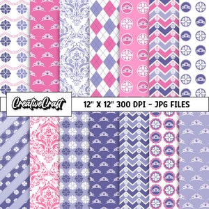 May include: Twelve digital paper designs in pink and purple with various patterns including crowns, flowers, and geometric shapes. The papers are 12 inches by 12 inches and 300 DPI. JPG files.
