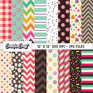 May include: A set of 12 digital paper patterns in a variety of colors and designs, including candy canes, sprinkles, polka dots, and chevron patterns. The papers are 12 inches by 12 inches and 300 DPI.  CreativeCraft - JPG Files