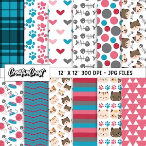 12 cute cats Digital Papers 300 DPI Highest Quality, cute cats scrapbooking, cute cats printables papers designs, instant download, cute cat