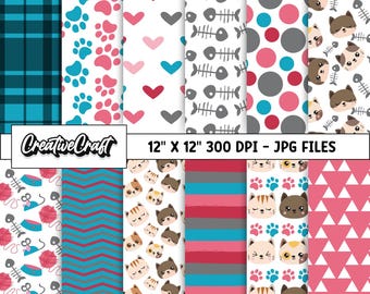 Op de afbeelding: Een set van 10 digitale papieren met schattige katten, harten, visgraten, potafdrukken en geometrische patronen in roze, blauw, grijs en wit. De papieren zijn 30,5 cm bij 30,5 cm en 300 DPI.