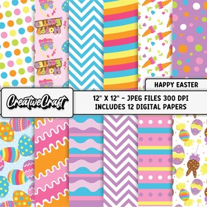 May include: A collection of 12 digital papers with Easter-themed patterns. Designs include polka dots, zigzags, stripes, and Easter eggs in various colors. The papers are 12" x 12" JPEG files with 300 DPI. The words "Happy Easter" are also visible.