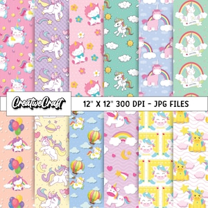 12 Papeles Digitales Unicornios 300 DPI Máxima Calidad, scrapbook unicornios, diseños papeles imprimibles unicornios, descarga instantánea