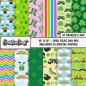 12 Papeles Digitales Día de San Patricio 300 DPI Máxima Calidad, scrapbook san patricio, diseños papeles san patricio, descarga instantánea