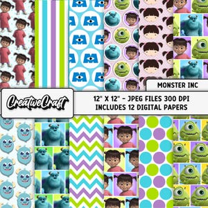 12 Monster Inc Digital Papers 300 DPI Maximum Quality, monster inc scrapbooking, monster inc printables papers designs, instant download