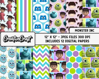 12 Monster Inc Digital Papers 300 DPI Maximum Quality, monster inc scrapbooking, monster inc printables papers designs, instant download