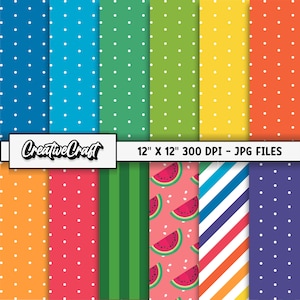 May include: A set of 12 digital paper designs in various colors and patterns, including polka dots, stripes, and watermelon slices. The papers are 12 inches by 12 inches and 300 DPI. CreativeCraft 12" x 12" 300 DPI - JPG FILES