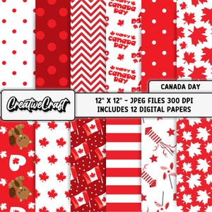 Peut inclure: Une collection de 12 papiers numériques avec des motifs rouges et blancs, dont des pois, des chevrons, des feuilles d'érable et des drapeaux canadiens. Les papiers sont des fichiers JPEG de 30,5 cm x 30,5 cm à 300 DPI. "Joyeuse Fête du Canada" est visible.