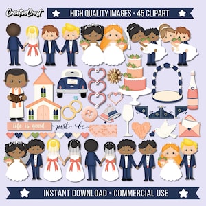 May include: A collection of 45 clipart images with a wedding theme. The images include cartoon couples, a church, a wedding cake, rings, hearts, a car, and other wedding-related elements. The color palette includes shades of blue, pink, and white.
