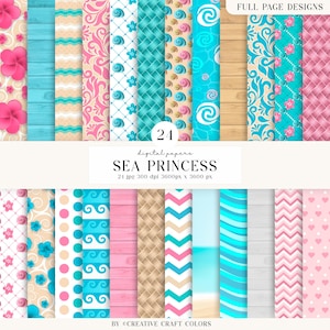 24 digitale papiersoorten: Prinses van de Zee, prinsessen scrapbook, printbare papierontwerpen, nautische digitale papiersoorten, nautische prinsessenachtergronden