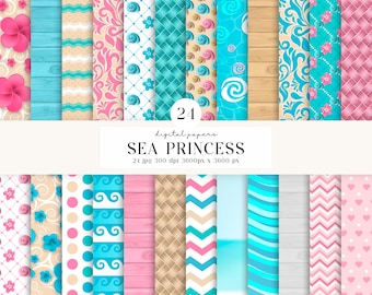 24 Sea Princess Digital Papers, nautical scrapbook paper, nautical princess printables papers designs, backgrounds designs, birthday theme