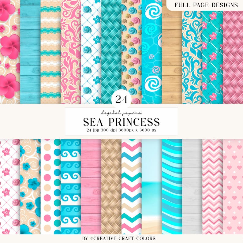 24 Sea Princess Digital Papers, nautical scrapbook paper, nautical princess printables papers designs, backgrounds designs, birthday theme image 1