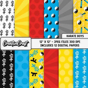 12 Karate Digital Papers 12x12, Martial Arts Birthday Background Designs, Karate Printable Papers, karate scrapbook, birthday boy papers
