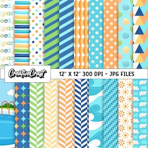 Puede incluir: Un conjunto de 16 diseños de papel digital en una variedad de patrones veraniegos, que incluyen rayas, lunares, chevron y olas. Los papeles son en tonos de azul, verde, amarillo y naranja. El texto "Creative Craft 12" x 12" 300 DPI - JPG FILES" está en la parte superior de la imagen.