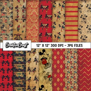 14 Papeles Digitales Mickey Vintage 300 DPI Máxima Calidad, scrapbooking mickey, diseños papeles imprimibles mickey, descarga instantánea