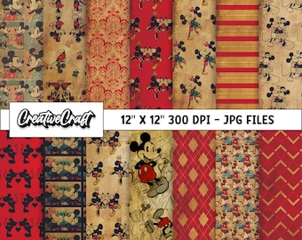 14 Mickey Vintage Digital Papers 300 DPI Maximum Quality, mickey scrapbooking, mickey vintage printables papers designs, instant download