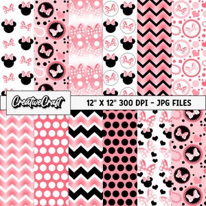 12 Minnie the Mouse Digital Papers 300 DPI Maximum Quality, minnie mouse scrapbooking, minnie printables papers designs, instant download