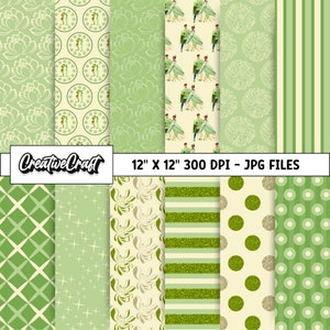 12 Papeles Digitales Princesa Tiana 300 DPI Máxima Calidad, scrapbook princesa tiana, diseños papeles princesa tiana, descarga instantánea