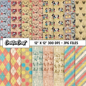 16 Mickey Vintage Digital Papers 300 DPI Maximum Quality, mickey scrapbooking, mickey vintage printables papers designs, instant download
