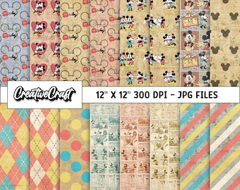 16 Mickey Vintage Digital Papers 300 DPI Maximum Quality, mickey scrapbooking, mickey vintage printables papers designs, instant download
