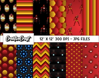 12 Iron Hero Digital Papers 300 DPI Maximum Quality, iron superhero scrapbooking, iron hero printables papers designs, instant download