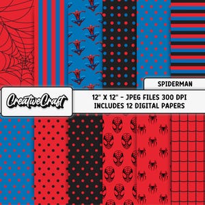 12 Papeles Digitales Hombre Araña 300 DPI Máxima Calidad, scrapbook hombre araña, diseños imprimibles hombre araña, descarga instantánea