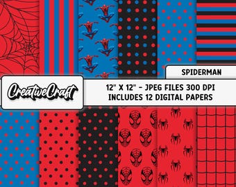 12 Spiderman Superhero Digital Papers 300 DPI Maximum Quality, spiderman scrapbooking, spiderman printables papers designs, instant download