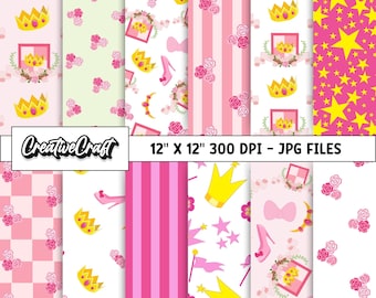 May include: Set of 8 digital printable papers featuring a princess theme. The papers include pink and white stripes, a checkered pattern, a pattern with stars and crowns, and a pattern with flowers and crowns. The papers are 12 inches by 12 inches and 300 DPI.
