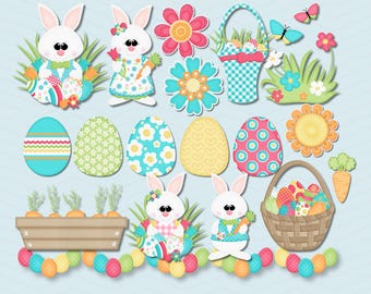Könnte beinhalten: Ein Set mit 25 digitalen Clipart-Bildern zum Thema Ostern. Die Bilder zeigen Hasen, Eier, Blumen, Körbe und Karotten. Die Bilder sind in verschiedenen Farben gehalten, darunter Pink, Blau, Gelb und Grün. Die Bilder eignen sich perfekt zum Erstellen von Osterbastelarbeiten, Karten und Dekorationen.