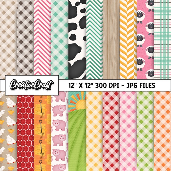 20 Farm Animals Digital Papers 300 DPI Maximum Quality, farm animals scrapbooking, farm animals printables papers designs instant download