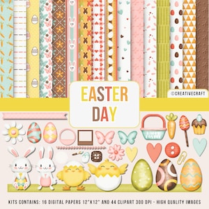 Puede incluir: Un conjunto de papel digital y clipart para Pascua que incluye 16 papeles digitales con varios patrones y 44 imágenes clipart. El clipart incluye conejos, pollitos, huevos, flores, mariposas y más. El conjunto es perfecto para crear manualidades, tarjetas y decoraciones de Pascua.