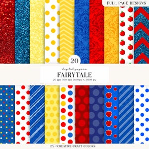 Può includere: Una collezione di 20 carte digitali con motivi che includono glitter rosso e blu, pois gialli e bianchi, righe a chevron, stampe damascate e motivi a mela rossa. Il testo recita 20 digital papers FAIRYTALE 20 jpg 300 dpi 3600px x 3600 px.