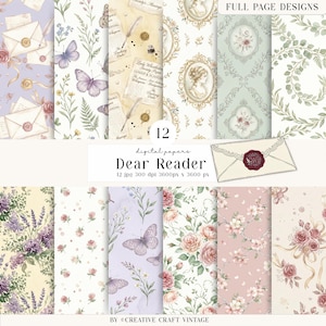 May include: A collection of 12 digital papers with floral, butterfly, and envelope designs in soft pastel colors. The papers feature various patterns, including roses, lavender, and botanical elements. The text "Dear Reader" is displayed, along with the dimensions.