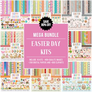 Puede incluir: Un mega paquete de kits del Día de Pascua con papeles digitales y clip art coloridos. La imagen incluye el texto "Felices Pascuas", "Conejitos de Pascua" y "Día de Pascua". El paquete incluye 16 kits, 260 papeles digitales y 600 cliparts.