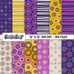May include: A set of 12 digital paper designs featuring various patterns in purple, yellow, and white. The patterns include polka dots, stripes, and floral designs. The papers are 12 inches by 12 inches and 300 DPI.  "CreativeCraft" is written in the image.