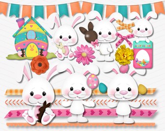 Könnte beinhalten: Ein Set mit 23 digitalen Clipart-Bildern zum Thema Ostern mit niedlichen weißen Hasen, einem farbenfrohen Haus, Blumen, Bändern und einem Osterkörbchen gefüllt mit Gummibärchen. Der Text "HIGH QUALITY IMAGES - 23 CLIPART" und "INSTANT DOWNLOAD - COMMERCIAL USE" ist ebenfalls enthalten.