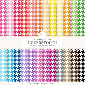 Pode incluir: Uma coleção de 24 padrões pied-de-poule sem costura em várias cores, incluindo rosa, vermelho, laranja, amarelo, verde, azul, roxo, magenta, cinza, marrom e preto. O texto diz 24 seamless patterns HOUNDSTOOTH 24 jpg 300 dpi 3600px x 3600 px.