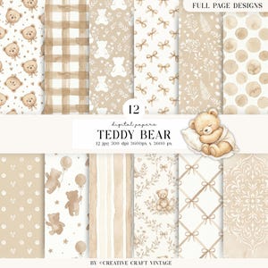 12 Boho Teddy Bear Watercolor Digital Paper, Stroller Flowers Clouds Baby Shower, Designs Scrapbook Nursery Instant Download, neutral baby
