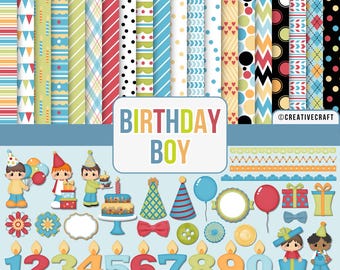May include: A digital paper and clipart set for birthday parties. The set includes 20 digital papers with various patterns in blue, green, yellow, red, and white. The clipart includes numbers, candles, balloons, hats, bows, and a boy holding a gift box. The text "Birthday Boy" is in the center of the image.