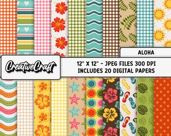 20 Papeles Digitales Hawaii Verano 300 DPI Máxima Calidad, scrapbooking hawaii verano, diseños papeles hawaii verano, descarga instantánea