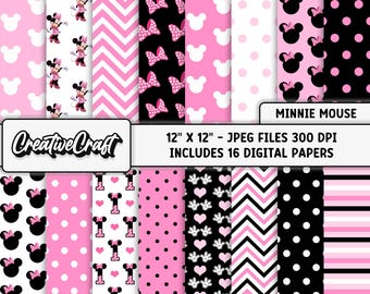 16 Minnie the Mouse Digital Papers 300 DPI Maximum Quality, minnie mouse scrapbooking, minnie printables papers designs, instant download
