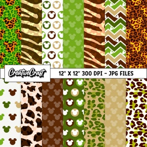 14 Mickey Safari Digital Papers 300 DPI Maximum Quality, mickey scrapbooking, mickey safari printables papers designs, instant download